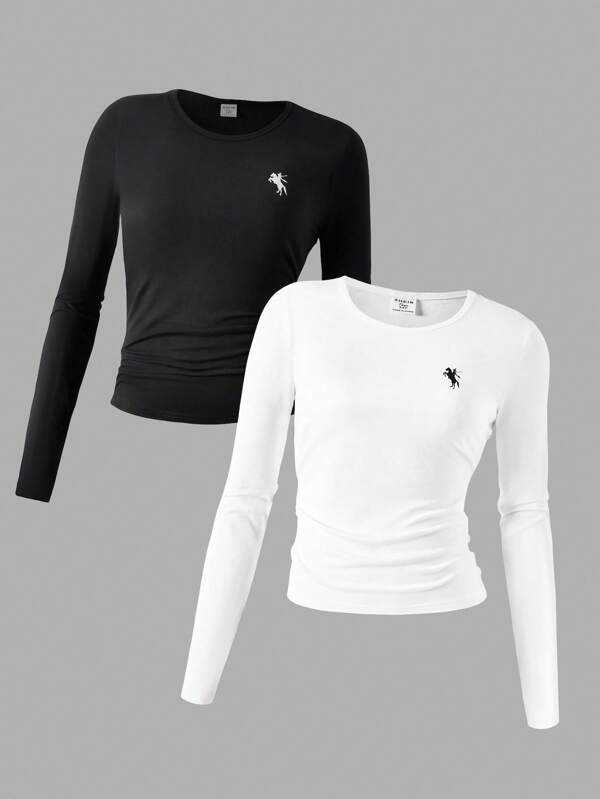 Lunivi 2 pièces/set T-shirt imprimé polyvalent à col rond ajusté pour adolescentes