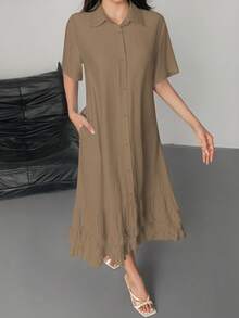 DAZY 女士优雅荷叶边领宽松中长连衣裙夏季女装吊带裙 - 棕色 - 查看 6