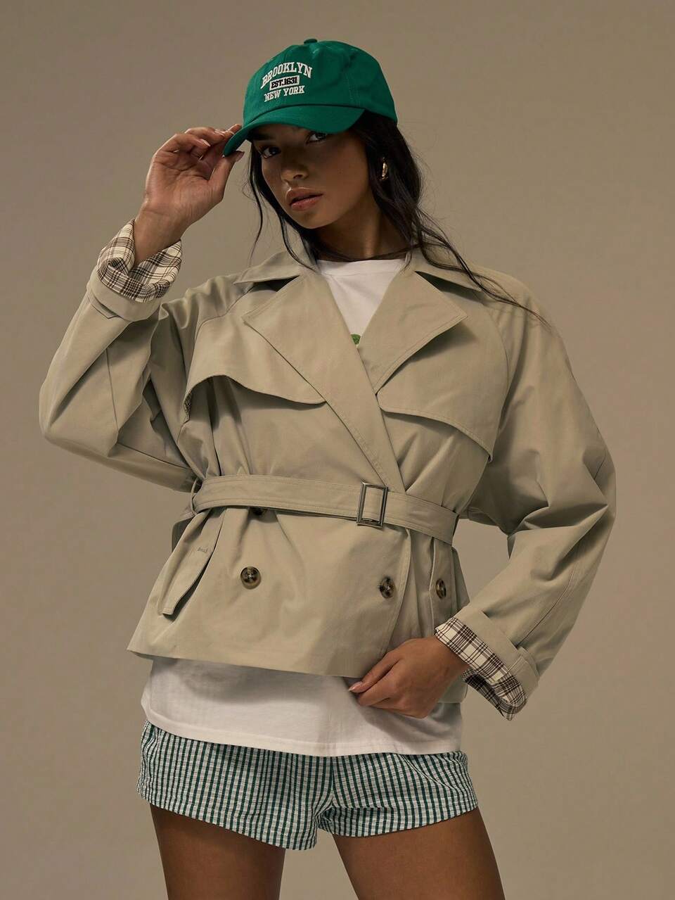 Camel Cinched Waist Cropped Trench Coat