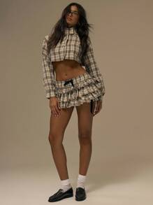 SHEIN X Scot Louie MUSERA Quần short ống rộng kẻ caro xếp nếp thắt nơ, phong cách đường phố dễ thương, lễ hội, nông trại, đồng quê, vintage, mùa xuân hè, thường ngày, kỳ nghỉ, thanh lịch, phong cách Y2K. - Nhiều màu - Xem 2