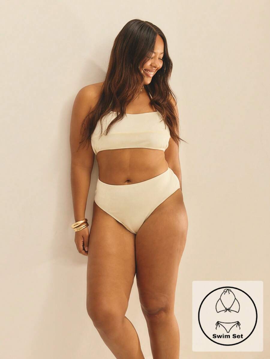 Aralina Curve Summer Vacation Beach Resort Two Pieces Halter Neck High Waisted Bikini Set With Swim Bag - Apricot - View 1