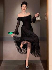 DAZY Đầm dài tay loe xếp nếp hở vai phối ren chắp vá cho nữ, mùa thu, mùa thu Quần áo nữ Đầm dài tay Đầm dạ hội Đầm thanh lịch cho nữ - màu đen - Xem 3