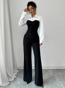 Selianne 2pcs Set: Slim Fit Color-Blocking Black & White Blouse And Pants Fall Cloth For Women - Black - View 5