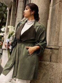 Calvaya Chaqueta de gamuza elegante y casual de unicolor, de moda retro, para uso diario, de color verde oliva, de estilo coreano, para invierno, otoño - Verde militar - Ver 7