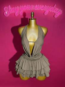 Slaydiva 2 Pieces Set: Sleeveless V-Neck Halter Top + Ruffled Mini Skirt With Bow Decoration, Chic Streetwear Outfit, Suitable For Music Festival, Easter, Graduation Season, Casual Wear, 2025 Spring/Summer New Arrival - Khaki - View 6