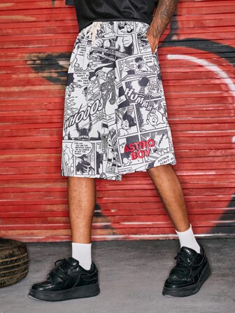 Astro Boy X ROMWE Pantalones cortos casuales para hombres con estampado de arte pop, cintura con cordón y pierna ancha