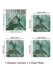 SHEIN Conjunto de banheiro de 1/4 peças, cortina de chuveiro impermeável com padrão de mármore verde, conjunto de decoração de banheiro de luxo moderno, acessórios de decoração de banheiro para 4 estações, tapete de banho antiderrapante, tapete em formato de U e tampa de vaso sanitário redonda para todos os cenários. Acessórios de banheiro de verão - Multicolorido - Ver 4