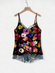 EMERY ROSE 加大码 V 领蕾丝拼布花卉印花吊带背心，优雅适合度假、约会、派对和时尚 - 彩色 - 查看 7