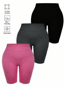 Easithlete 3件装加大码无缝高腰收腹瑜伽短裤 - 彩色 - 查看 2