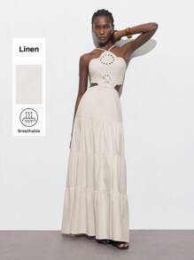 Maija Vacation Casual Hollow Out Embroidery Halter Dress, For St. Patrick's Day, Spring Break, Easter, Music Festivals,Vacation Outfits