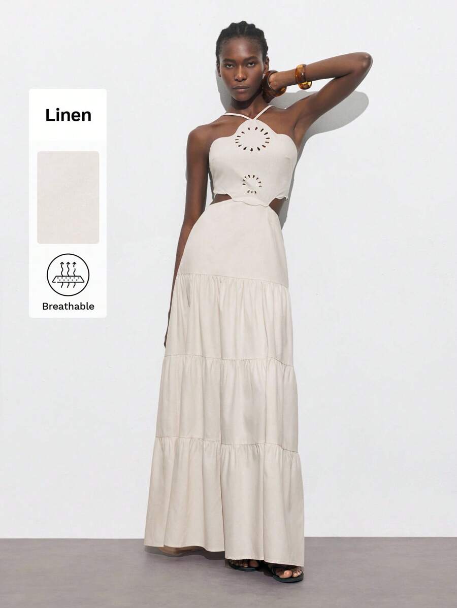 Maija Vacation Casual Hollow Out Embroidery Halter Dress, For St. Patrick's Day, Spring Break, Easter, Music Festivals,Vacation Outfits