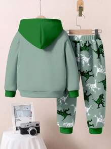SHEIN 2 piezas Conjunto de sudadera con capucha de manga larga con estampado de dinosaurio, de corte holgado y estilo deportivo casual y cómodo, adecuado para otoño e invierno, ropa de dinosaurio para niños pequeños, conjunto de ropa verde para niños pequeños