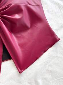 Soleia 度假时尚性感蝴蝶结吊带扭纹下摆开衩露背背心，仿皮，波西米亚风，波西米亚风，浪漫花卉仿皮上衣红色吊带上衣酒红色吊带上衣