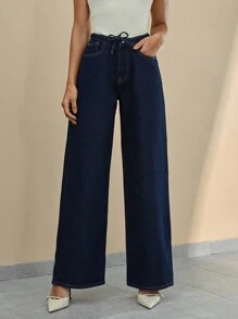 CLARA VERO Quần jean ống rộng cạp thấp có dây rút - Rửa tối - Xem 3