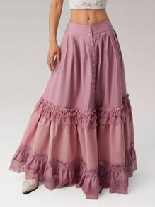 SHEIN ICON 女士啤酒节粉色蕾丝花边拼布低腰半身裙，可爱又休闲 - 粉色 - 查看 1