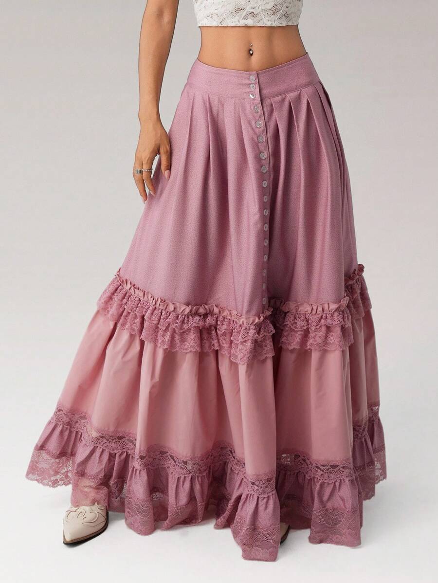 SHEIN ICON 女士啤酒节粉色蕾丝花边拼布低腰半身裙，可爱又休闲 - 粉色 - 查看 1