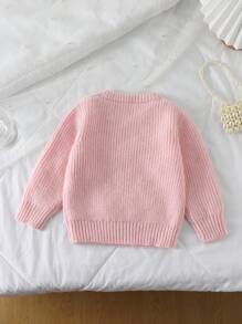 SHEIN Baby Girl Embroidered Pink Pullover Sweater,Cute Sweet Pink Autumn Bow Embroidery Knitwear For Family Matching,Halloween,Christmas,New Year's Eve - Pink - View 2
