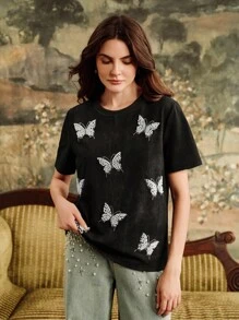 Anewsta Áo thun tay ngắn đính đá hình bướm thời trang dành cho nữ - màu đen - Xem 4
