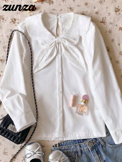 1 件青少年女孩不对称领套头衫长袖白色休闲校服衬衫，秋季