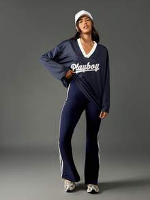 Missguided x Playboy Quần legging cạp cao ôm vừa vặn có sọc hai bên hông kiểu dáng cổ điển lấy cảm hứng từ trường đại học, thiết kế retro co giãn, quần ống loe cho mùa thu đông - Màu xanh hải quân - Xem 4