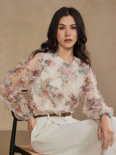 DAZY 女士印花纹理泡泡袖衬衫，圆领，秋季长袖上衣图案T恤