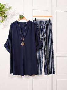 Rusticease Plus Size Women 2pcs/Set Notch Neck Sleeveless Top And Striped Wide Leg Pants Casual Outfit, Winter Clothes For Women,Holiday Outfits Boho