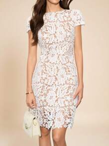 Amorya 女士蕾丝与花卉不对称下摆浪漫短袖连衣裙 女士服装 返校节音乐会服装 女士返校节服装 女士办公室服装 教师服装 女士夜间外出服装 女士教堂服装 女士早午餐服装 女士生日礼服 女士婚礼宾客礼服，白色连衣裙 - 玫紅色 - 查看 10