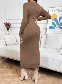 SHEIN 孕妇纯色拱形下摆圆领长袖修身优雅针织连衣裙 - 駝色 - 查看 2