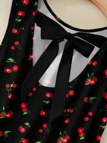 Veykashi 大码女式樱桃印花系腰无袖休闲 A 字裙，适合假日、海滩度假、迷你裙 - 彩色 - 查看 4
