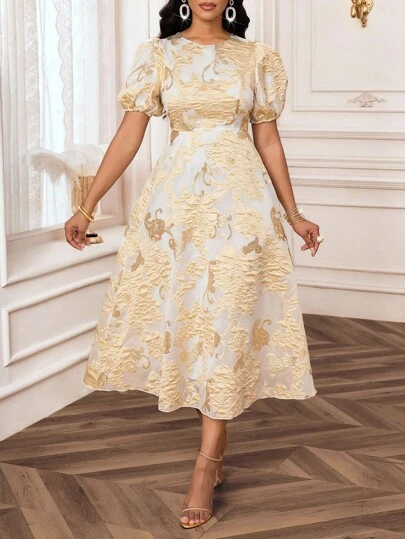 SHEIN Lady Women's Elegant Jacquard Puff Sleeves Long Dress