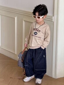 SHEIN 男童休闲卡其色字母图案圆领运动衫 - 卡其色 - 查看 4