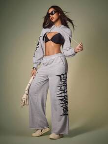 Shutterstock Women's Loose Gothic Letter Print Frayed Hem Drawstring Sweatpants, Casual Street Style For Halloween, Back To School, Autumn Graphic Sweatpants Wide Leg Sweatpants Grey Sweatpants Women Matching Idea Party Pant