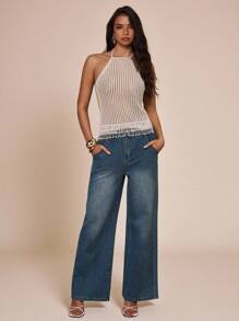 SHEIN BAE Sexy Women's Knit Top With Pearl Beaded Hem Detail And Tie-Neck Backless Design - Apricot - View 5