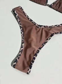 2 件套印花随机吊带工字背豹纹性感细肩带比基尼套装，带侧系带下装夏季 - 咖啡棕 - 查看 4