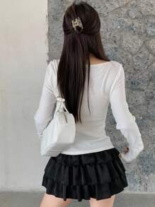 SHEIN Áo thun dài tay cổ tròn màu trơn cho nữ tuổi teen, tay raglan, phối nơ tương phản, kiểu dáng thường ngày, thích hợp cho kỳ nghỉ, mùa xuân/hè, năm mới/trở lại trường/ngày đầu tiên đi học. - trắng - Xem 3