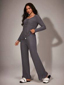 SHEIN Women's Solid Color Waffle Knit Crew Neck Partial Button Front Long Sleeve Top & Pants Pajama Set, Outfits, Fall Clothes  Cozy And Elegant Details