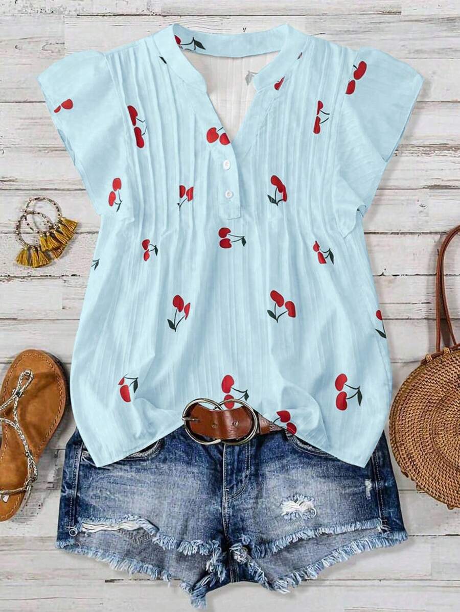 SHEIN Clasi Women's Cherry Print Ruffle Collar H-Shaped Casual Daily Vacation Cap Sleeve Blouse - Blue - View 1