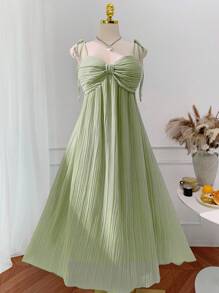 SHEIN EZwear 大码夏季休闲度假风露背百褶中长连衣裙 - 綠色 - 查看 3