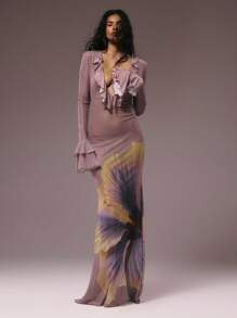 MUSERA 透视超低 V 领荷叶边花卉印花网眼长袖超长连衣裙围脖前部花卉印花不对称下摆连衣裙秋冬秋夏季假期夜间外出约会之夜婚礼宾客生日俱乐部性感早午餐外出游轮派对优雅伊比沙岛场合少女可爱