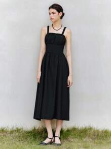 Chiquease Halloween Women's Summer French Style Linen Ruched Waist A-Line Dress, Minimalist Elegant - Black - View 7