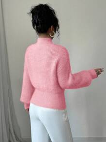 Elenzga 女士优雅纯色立领毛衣，带蝴蝶结装饰，秋冬针织套头衫 - 粉色 - 查看 2