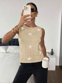 SHEIN Frenchy Chaleco de punto con cuello redondo y decoración floral casual para mujer en otoño/invierno - Albaricoque - Ver 5