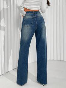 EURMUSE 低腰水洗细节直筒牛仔裤 - 中等水洗藍 - 查看 2