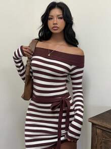 SHEIN EZwear Damen gestreiftes Off-Shoulder langärmliges figurbetontes Strickkleid, Herbst-Winter-Kleidung für Frauen - Braun - Übersicht 6