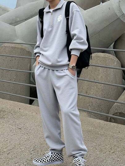 SHEIN 青少年男孩落肩半拉链宽松休闲卫衣套装