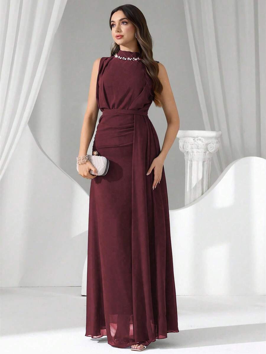 Coutiva Vestido de noche de lujo, cuello de lentejuelas y perlas, vestido de fiesta elegante de alta gama