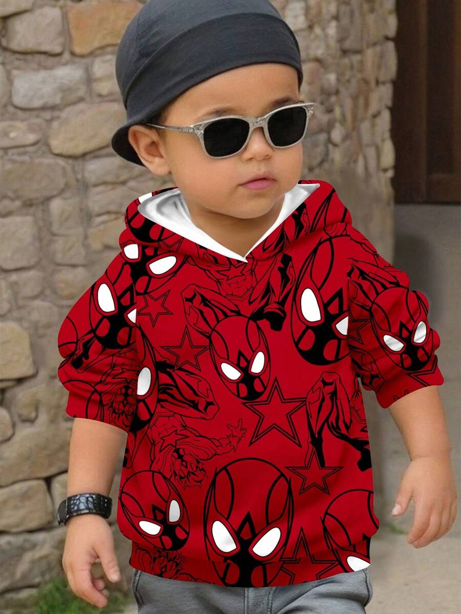 SHEIN Baby Boy Casual Loose Comfortable Spider Graphic Soft Knit Hoodie Sweatshirt, Suitable For Autumn/Winter