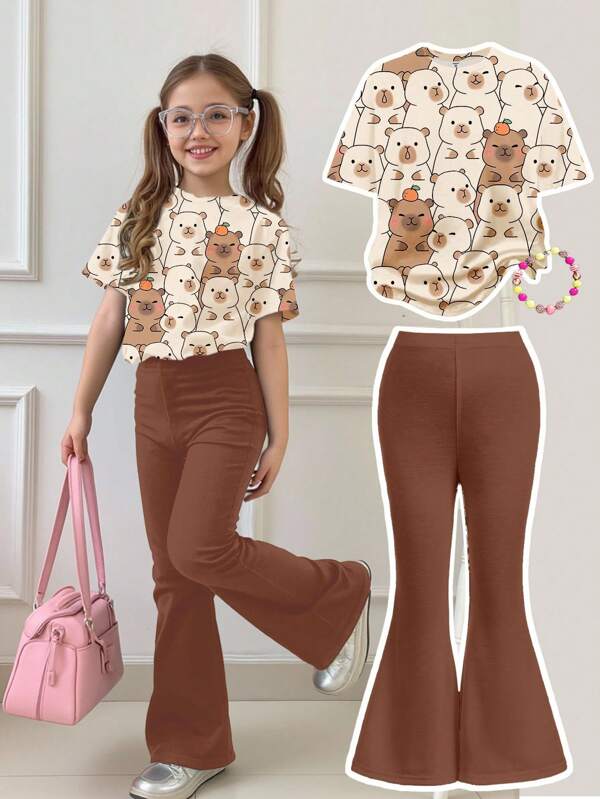 SHEIN Set de 2 piezas de camiseta de manga corta holgada y pantalones acampanados con estampado de animal de dibujos animados de capibara lindo para niñas preadolescentes, para verano