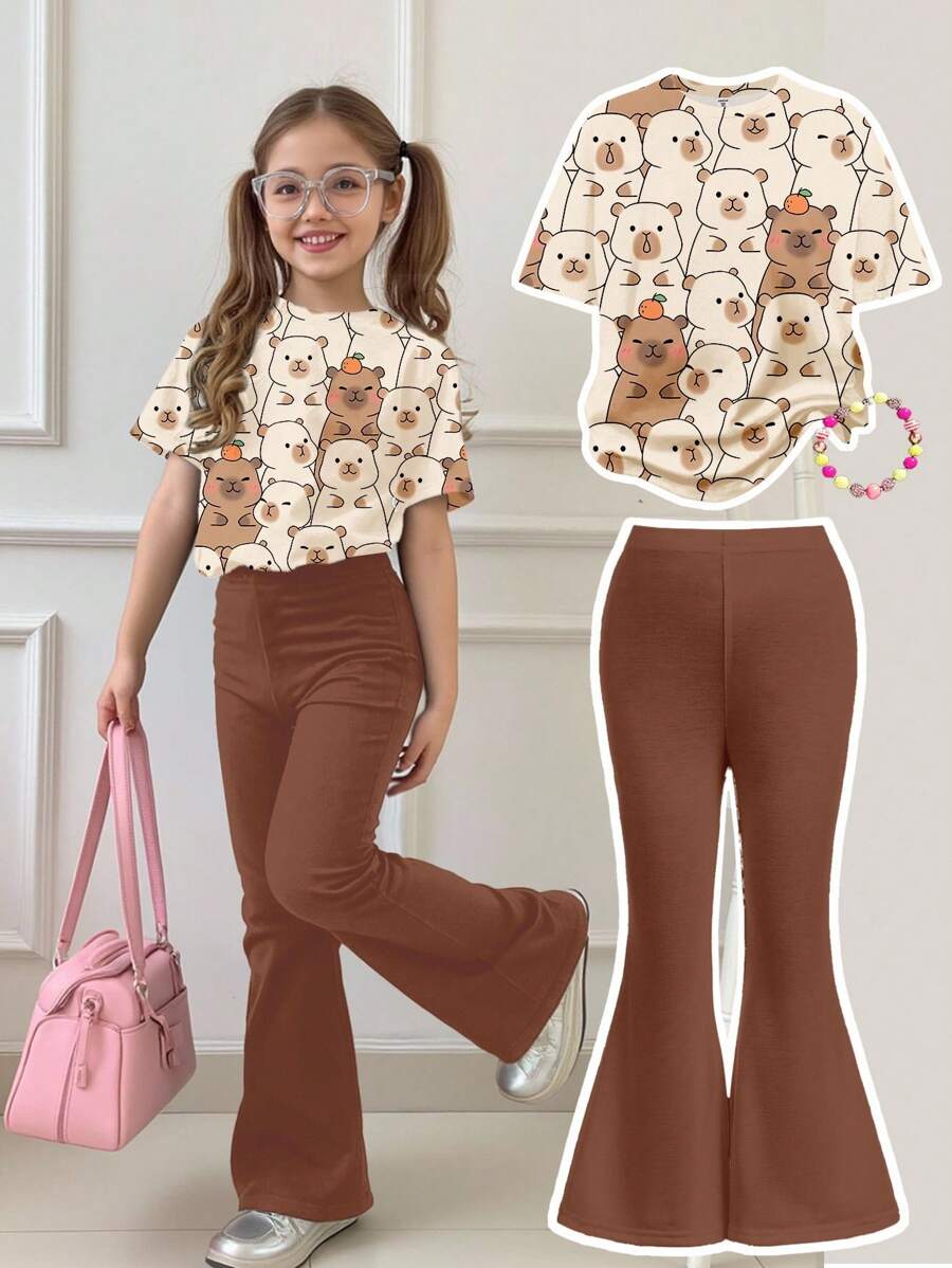 SHEIN Leap Crew Set de 2 piezas de camiseta de manga corta holgada y pantalones acampanados con estampado de animal de dibujos animados de capibara lindo para niñas preadolescentes, para verano - Multicolor - Ver 1