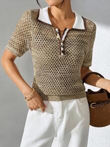 Modelyn Asymmetrisches Strick-Poloshirt mit Umlegekragen in verschiedenen Farben, kurzärmlig, Sommer, Cut Out